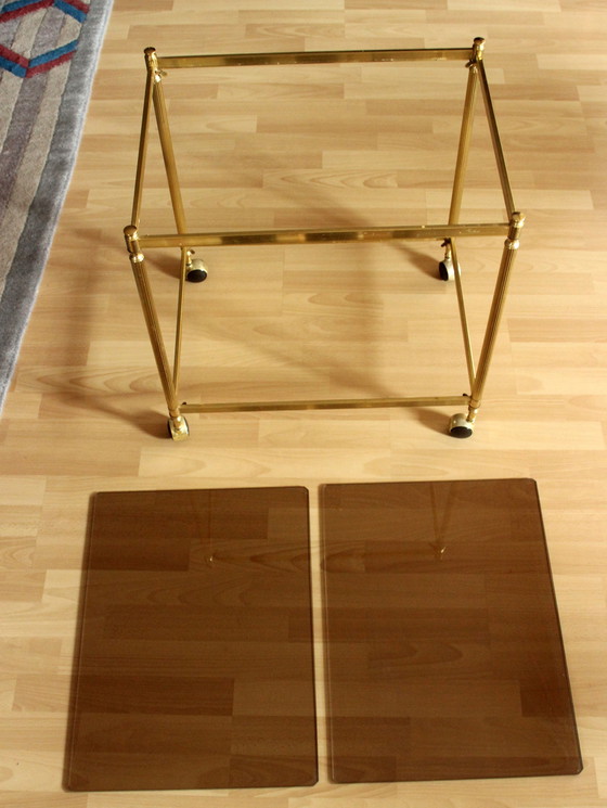 Image 1 of Hollywood Regency bar trolley, serving trolley, brass, smoked glass