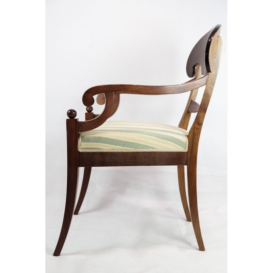 Image 1 of Poltrona vintage in mogano con tessuto a righe chiare, anni '40 dell'Ottocento