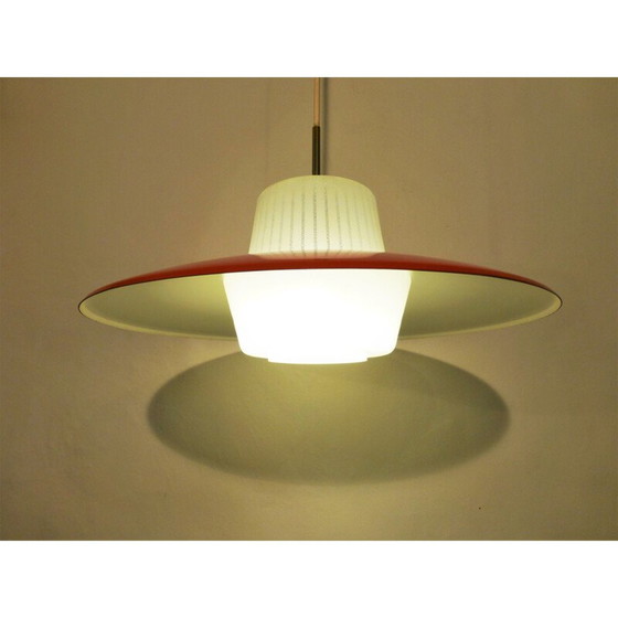 Image 1 of Vintage red metal and opaline suspension lamp, 1960