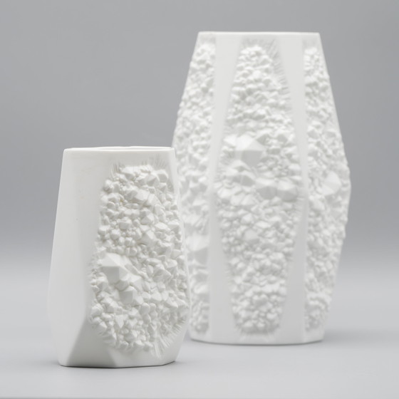 Image 1 of Manfred Frey Ak Kaiser Bisque Porcelain Vase Duo Fossil Ammonit Relief Opart Wgp