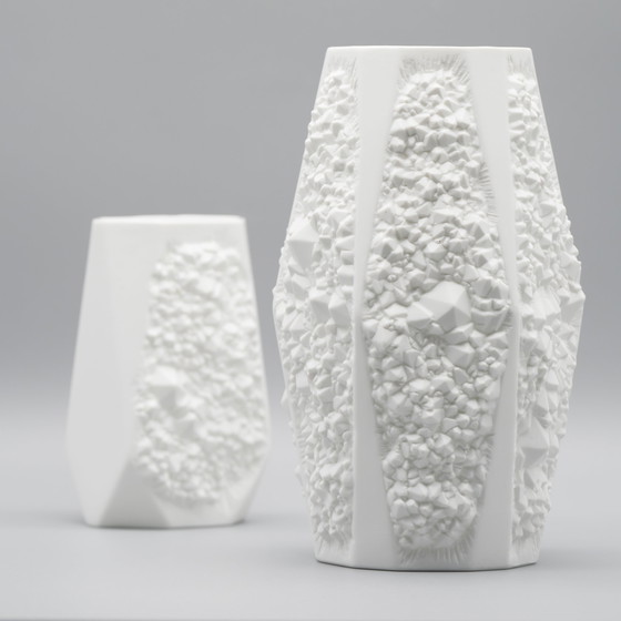 Image 1 of Manfred Frey Ak Kaiser Bisque Porcelain Vase Duo Fossil Ammonit Relief Opart Wgp