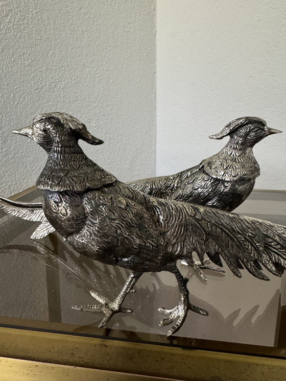 Image 1 of Decorative Silver Metal Pheasants 70s