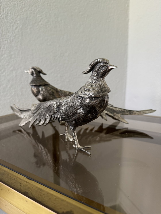 Image 1 of Decorative Silver Metal Pheasants 70s