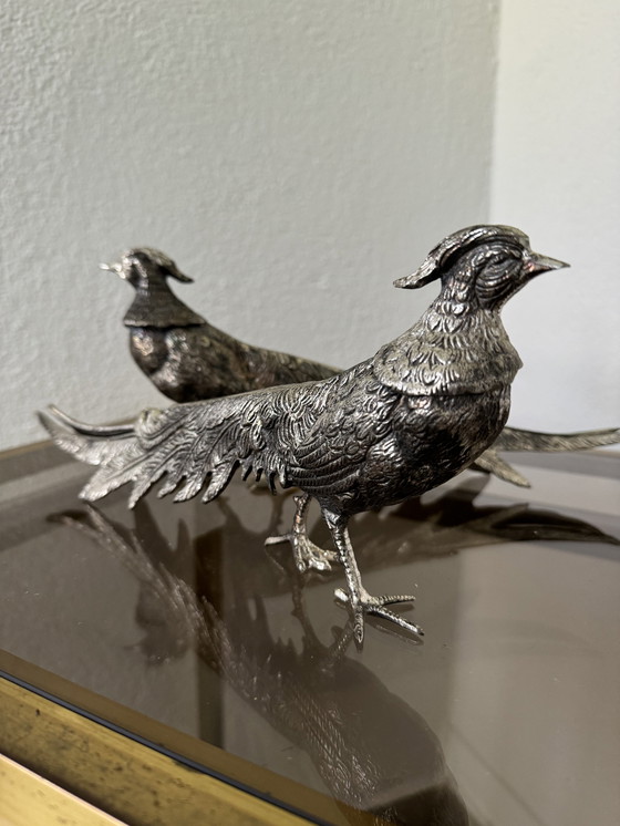 Image 1 of Decorative Silver Metal Pheasants 70s