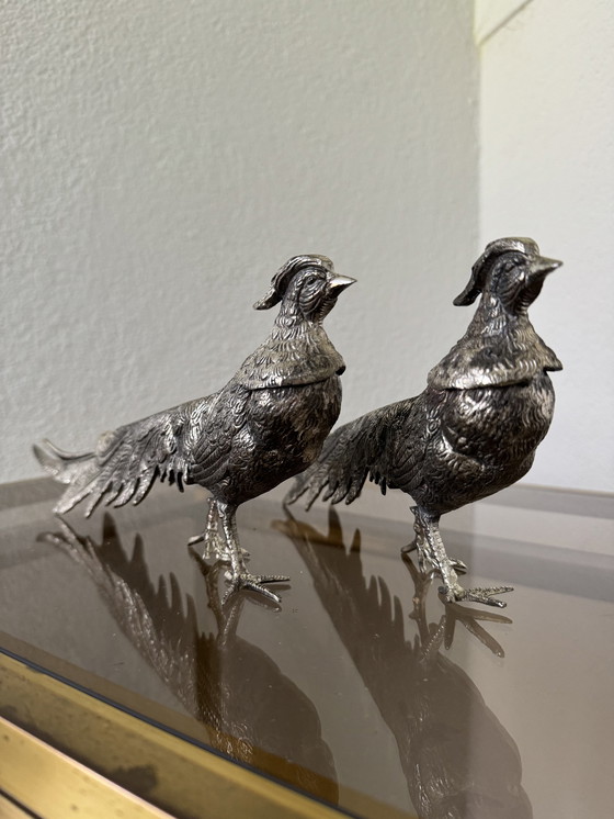 Image 1 of Decorative Silver Metal Pheasants 70s