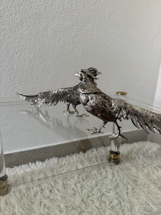 Image 1 of Decorative Silver Metal Pheasants 70s