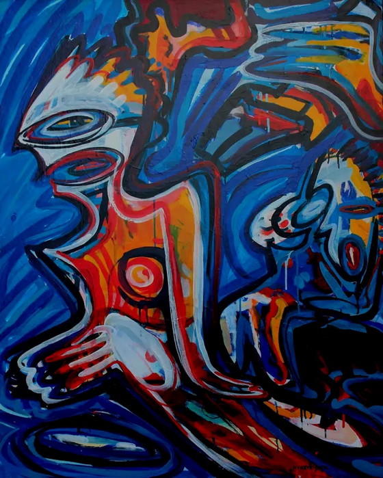 Image 1 of Henk Vierveijzer - Peinture acrylique sur panneau : Spectateurs en bleu