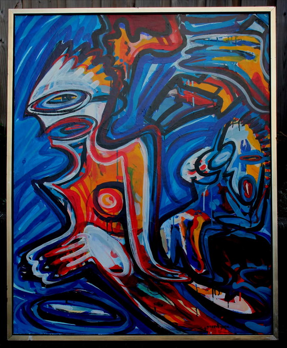 Image 1 of Henk Vierveijzer - Peinture acrylique sur panneau : Spectateurs en bleu