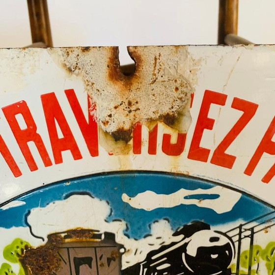 Image 1 of Insegna smaltata d'epoca "Non attraversare un treno, potrebbe nasconderne un altro", 1930