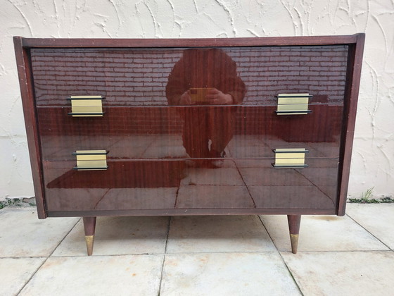 Image 1 of Mid - Century Brown Glossy Drawer Cabinet