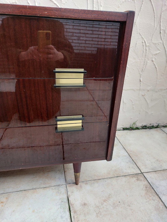 Image 1 of Mid - Century Brown Glossy Drawer Cabinet