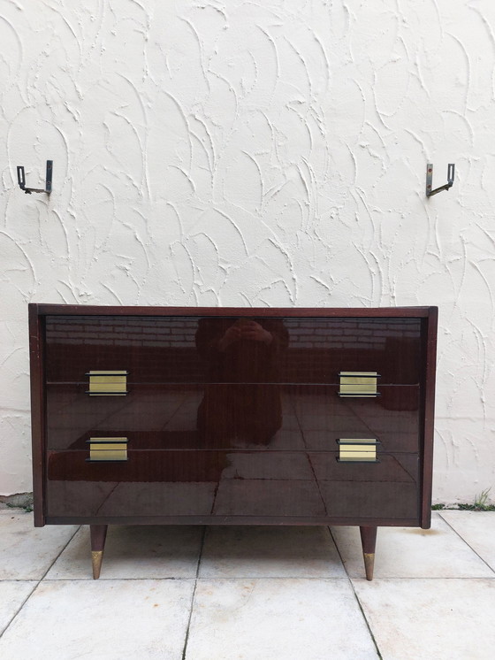 Image 1 of Mid - Century Brown Glossy Drawer Cabinet