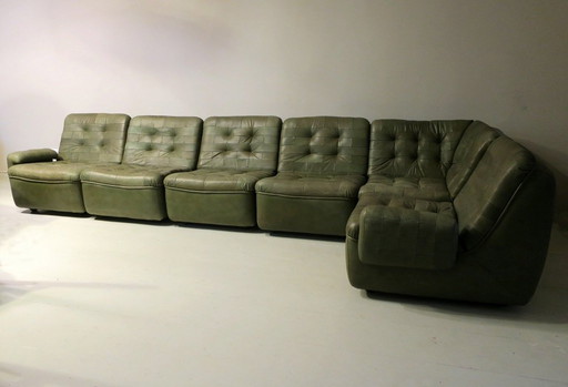 Patchwork Modular Sofa Set In Olive Green Patinated Leather, 1970S