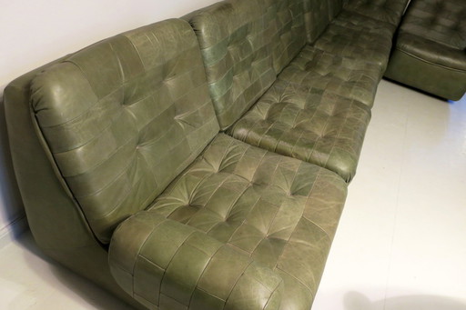 Patchwork Modular Sofa Set In Olive Green Patinated Leather, 1970S