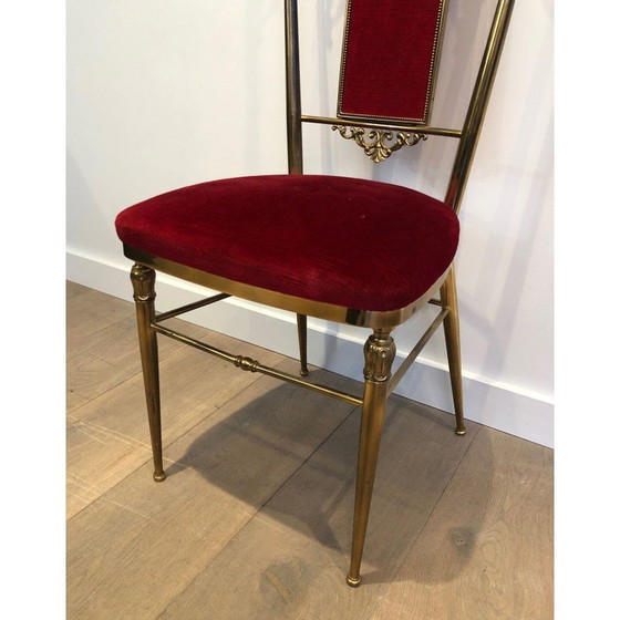 Image 1 of Set of 4 vintage brass and red velvet chairs