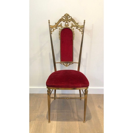 Image 1 of Set of 4 vintage brass and red velvet chairs