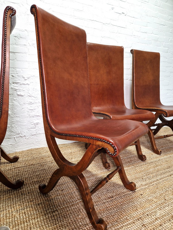 Image 1 of 4x Pierre Lottier Valmazan Leather and oak loungers Spanish