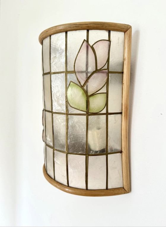 Image 1 of Pair Swedish Vintage Tiffany / Bamboo Style Seashell Wall Scones , Handmade, Sjömarkens Armatur