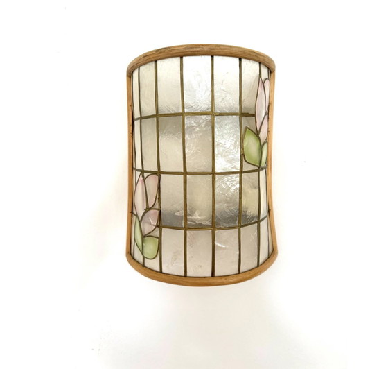 Image 1 of Pair Swedish Vintage Tiffany / Bamboo Style Seashell Wall Scones , Handmade, Sjömarkens Armatur