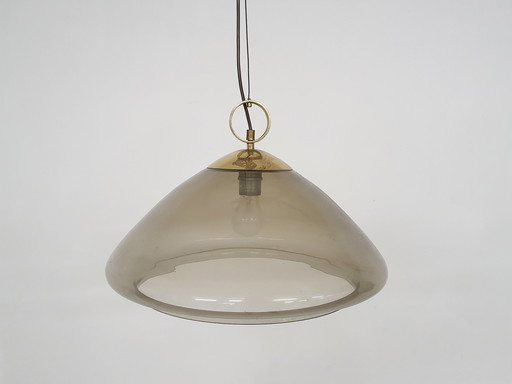 Mid-century smoked glass and brass pendant light