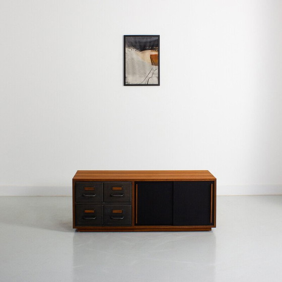 Image 1 of Vintage teak and metal sideboard with 2 black sliding doors