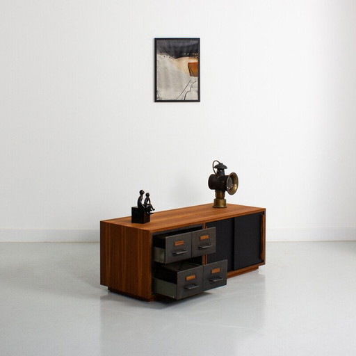 Vintage teak and metal sideboard with 2 black sliding doors