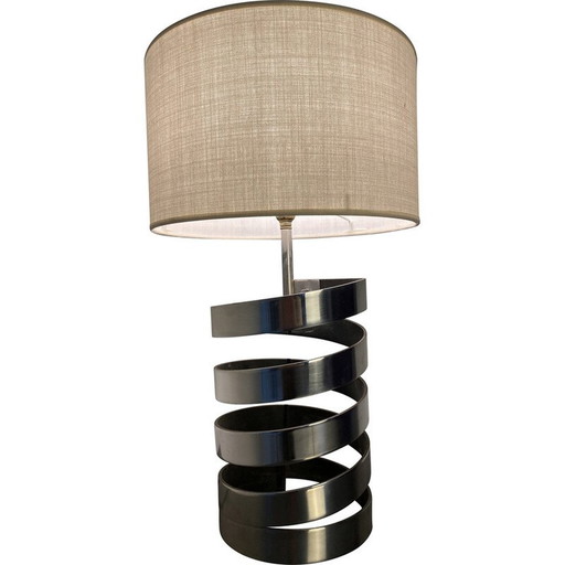 Vintage spiral lamp in thick chrome steel blade by Jacques Charpentier, France 1972