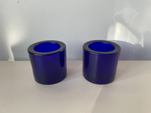 Iitala For Marimekko - Two Blue Tea Light Holders Kivi Design Heikki Orvola