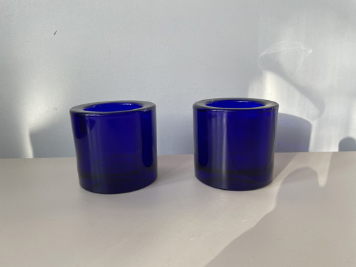 Iitala For Marimekko - Two Blue Tea Light Holders Kivi Design Heikki Orvola