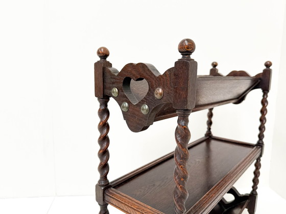 Image 1 of Antique Dark Wood Three-Tier Bookshelf With Heart Cutout Details