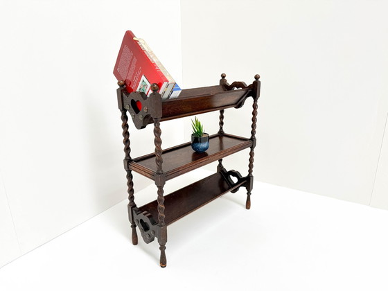 Image 1 of Antique Dark Wood Three-Tier Bookshelf With Heart Cutout Details