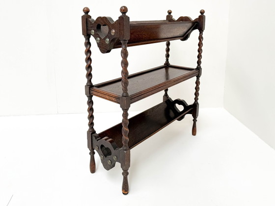Image 1 of Antique Dark Wood Three-Tier Bookshelf With Heart Cutout Details