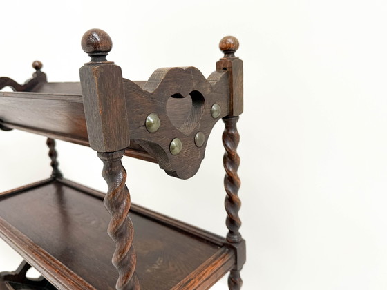 Image 1 of Antique Dark Wood Three-Tier Bookshelf With Heart Cutout Details