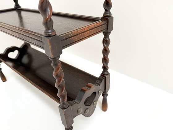 Image 1 of Antique Dark Wood Three-Tier Bookshelf With Heart Cutout Details