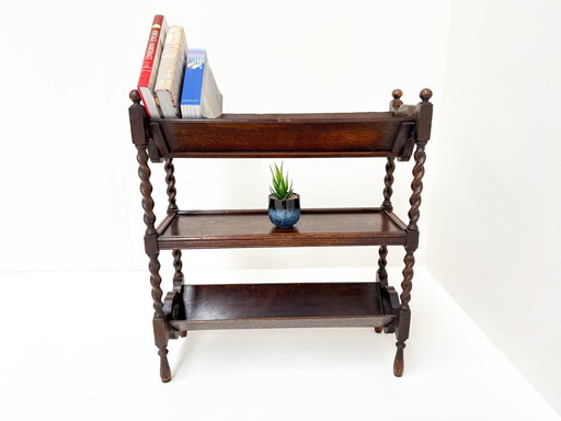 Antique Dark Wood Three-Tier Bookshelf With Heart Cutout Details