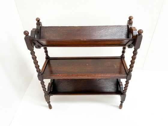 Image 1 of Antique Dark Wood Three-Tier Bookshelf With Heart Cutout Details