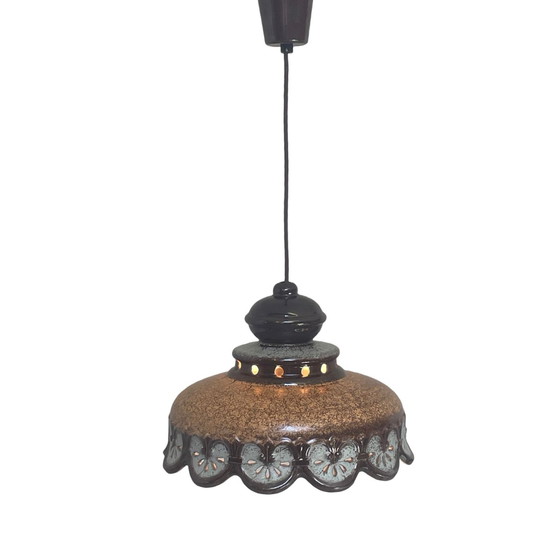 Image 1 of Fat Lava - UFO shaped Ceramic Hanging Pedant - Midcentury - Germany - BOHO - Brown, skirt like motive