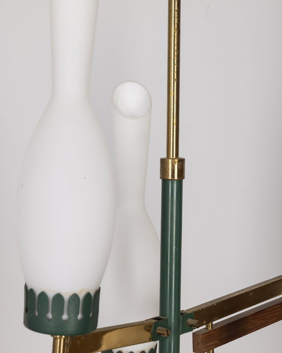 Image 1 of Lampadario vintage anni '50 in metallo verde, ottone e vetro, design italiano 