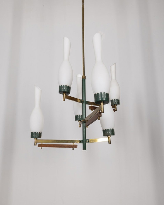 Image 1 of Lampadario vintage anni '50 in metallo verde, ottone e vetro, design italiano 