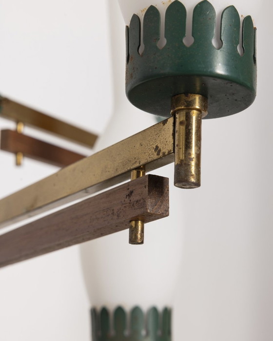 Image 1 of Lampadario vintage anni '50 in metallo verde, ottone e vetro, design italiano 