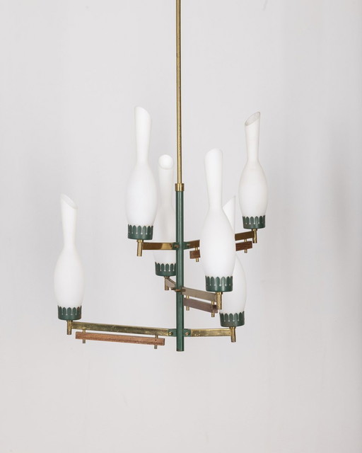 Vintage 1950S Chandelier In Green Metal Brass And Glass Italian Design 