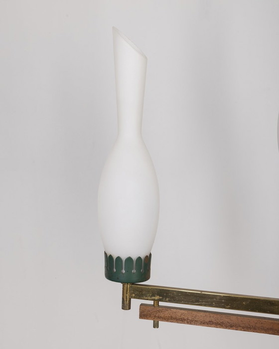 Image 1 of Lampadario vintage anni '50 in metallo verde, ottone e vetro, design italiano 