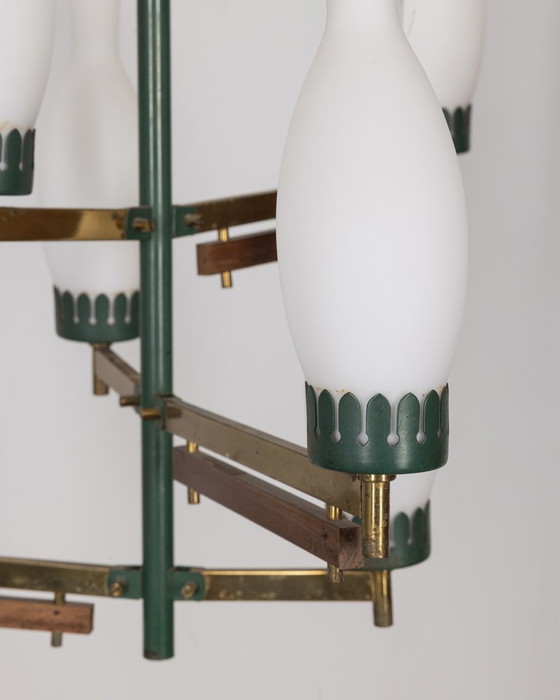 Image 1 of Lampadario vintage anni '50 in metallo verde, ottone e vetro, design italiano 