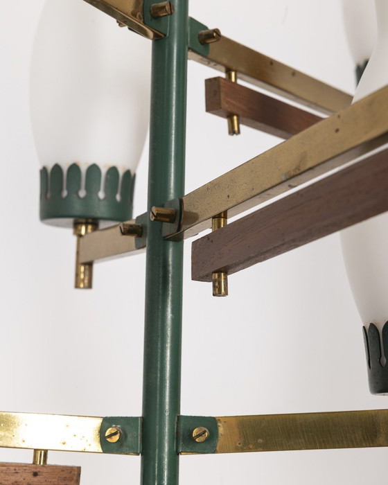 Image 1 of Lampadario vintage anni '50 in metallo verde, ottone e vetro, design italiano 