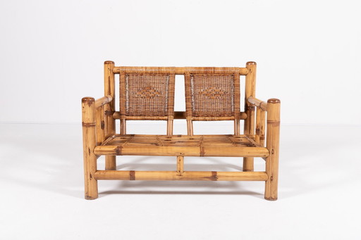 Italian Modern Bamboo-Wicker Bench, 1970’S