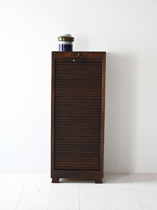 Vintage Scandinavian Wooden Filing Cabinet With Tambour Door And Adjustable Shelves