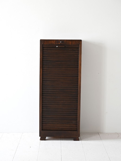 Vintage Scandinavian Wooden Filing Cabinet With Tambour Door And Adjustable Shelves