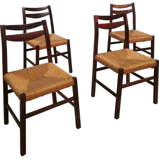 Image 1 of Set of 4 vintage Scandinavian rosewood and straw chairs