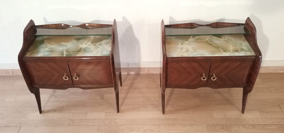 Image 1 of 2x Mid-Century Italian Bedside Tables with Glass Tops