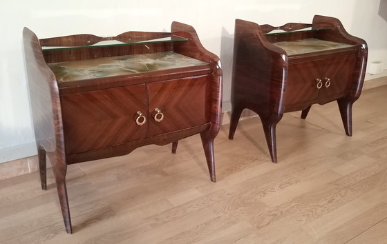 Image 1 of 2x Tables de chevet italiennes du Mid Century avec plateaux en verre